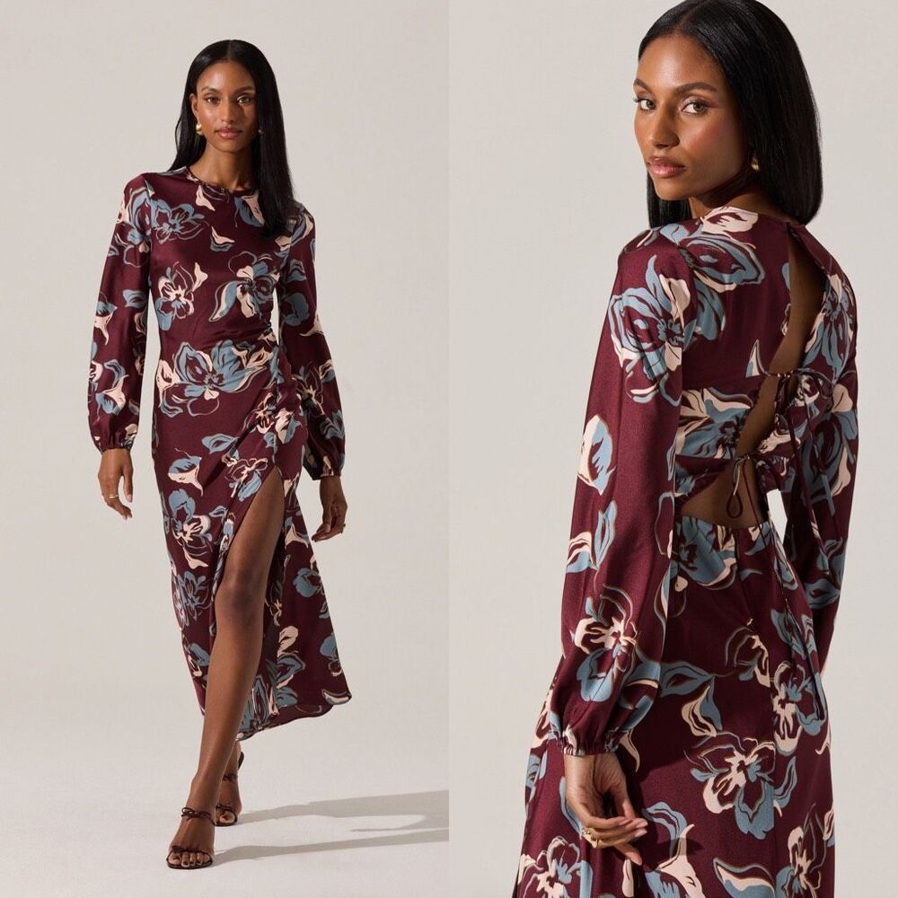ASTR Elyse Satin Floral Midi Dress in Wine Floral Size M - Picture 12 of 12